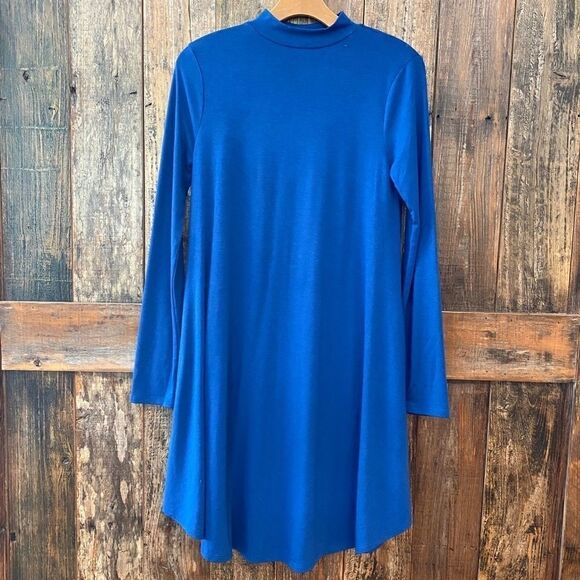 Zenna Premium Sz S Royal Blue Mock Neck Long Sleeve Swing Dress - Picture 2 of 10